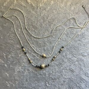 Silver Layered Necklace with Dark Beads Minimalist Design